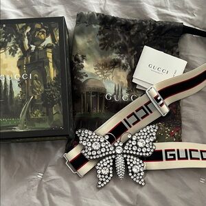 Gucci Black and White Belt with Crystal Butterfly